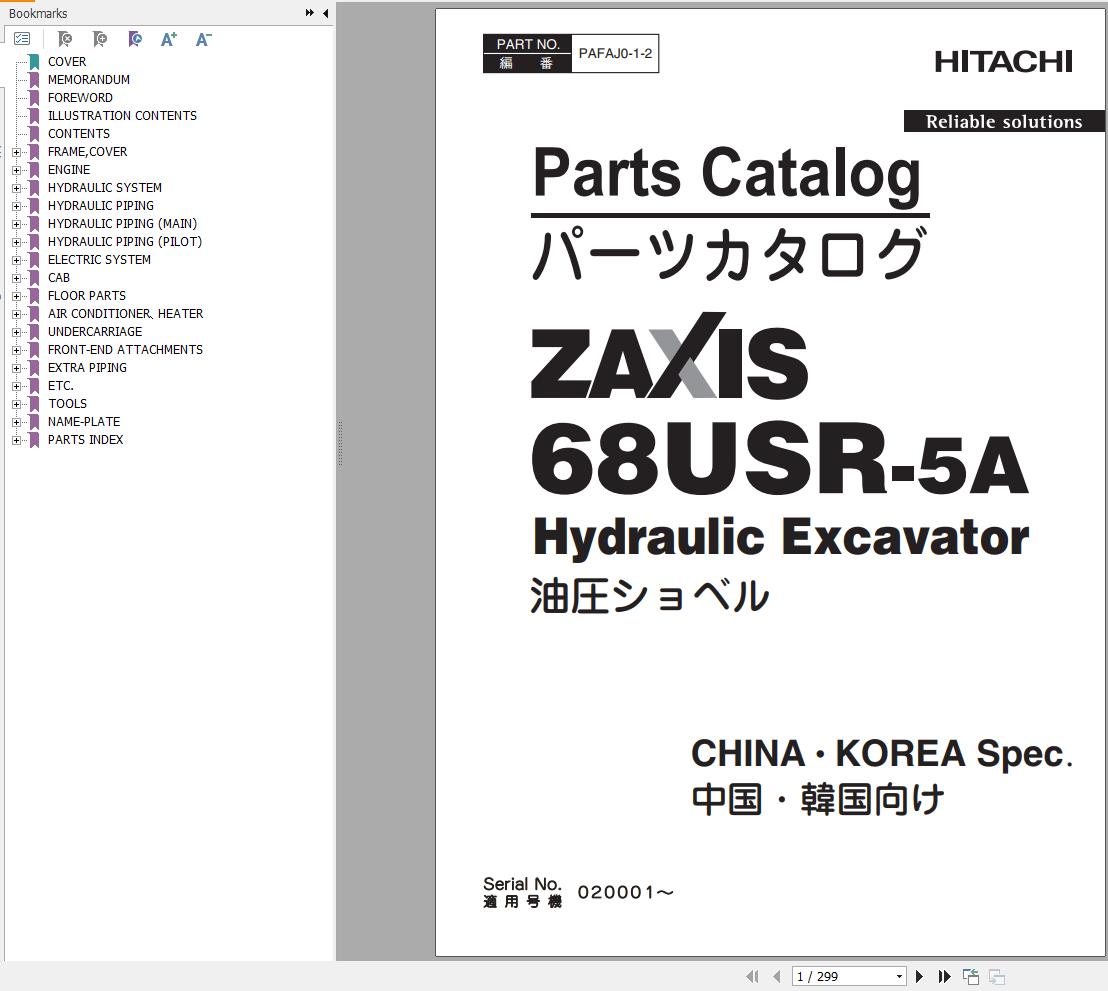 Hitachi Hydraulic Excavator ZX68USR 5A Parts Catalog EN JP