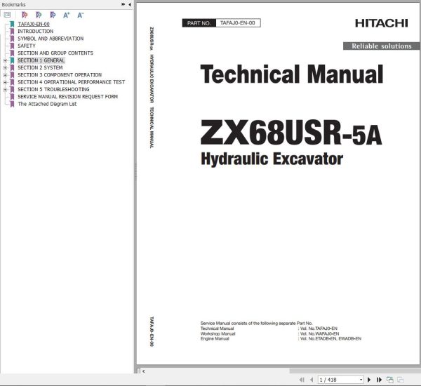 Hitachi Hydraulic Excavator ZX68USR 5A Technical Manual TAFAJ0 EN 00