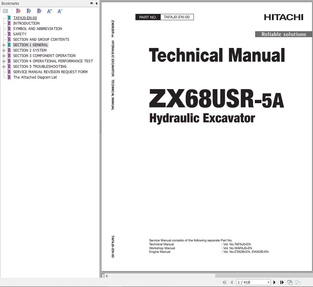 Hitachi Hydraulic Excavator ZX68USR 5A Technical Manual TAFAJ0 EN 00