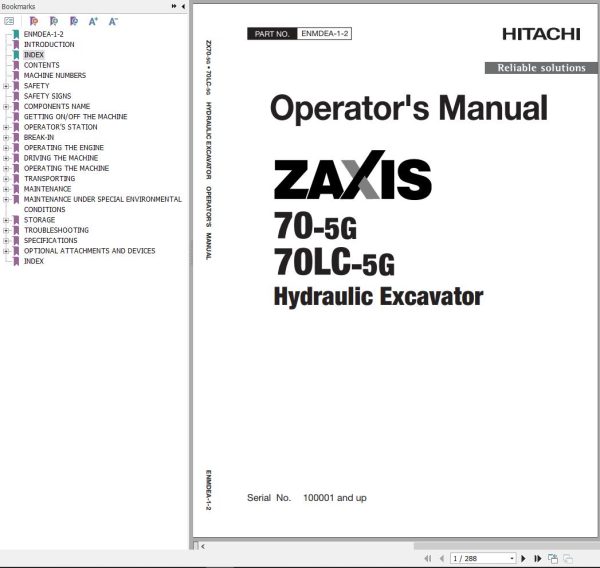 Hitachi Hydraulic Excavator ZX70 5G ZX70LC 5G Operators Manual ENMDEA 1 2