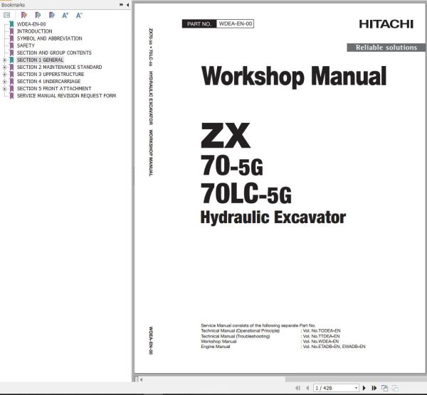Hitachi Hydraulic Excavator ZX70 5G ZX70LC 5G Wordshop Manual