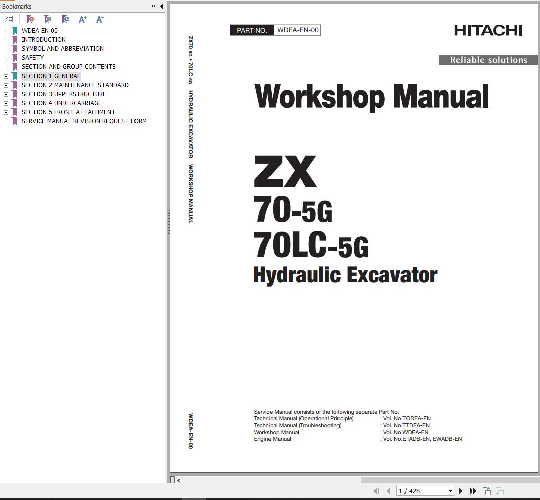 Hitachi Hydraulic Excavator ZX70 5G ZX70LC 5G Wordshop Manual