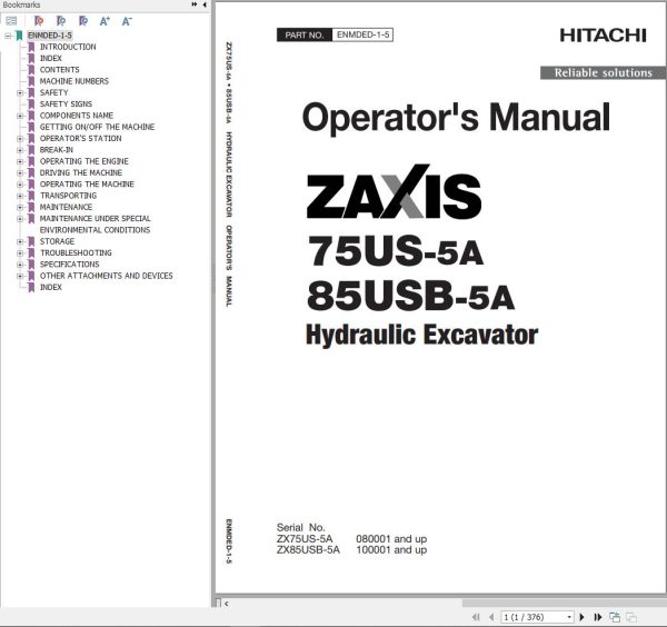 Hitachi Hydraulic Excavator ZX75US 5A Operators Manual ENMDED 1 5