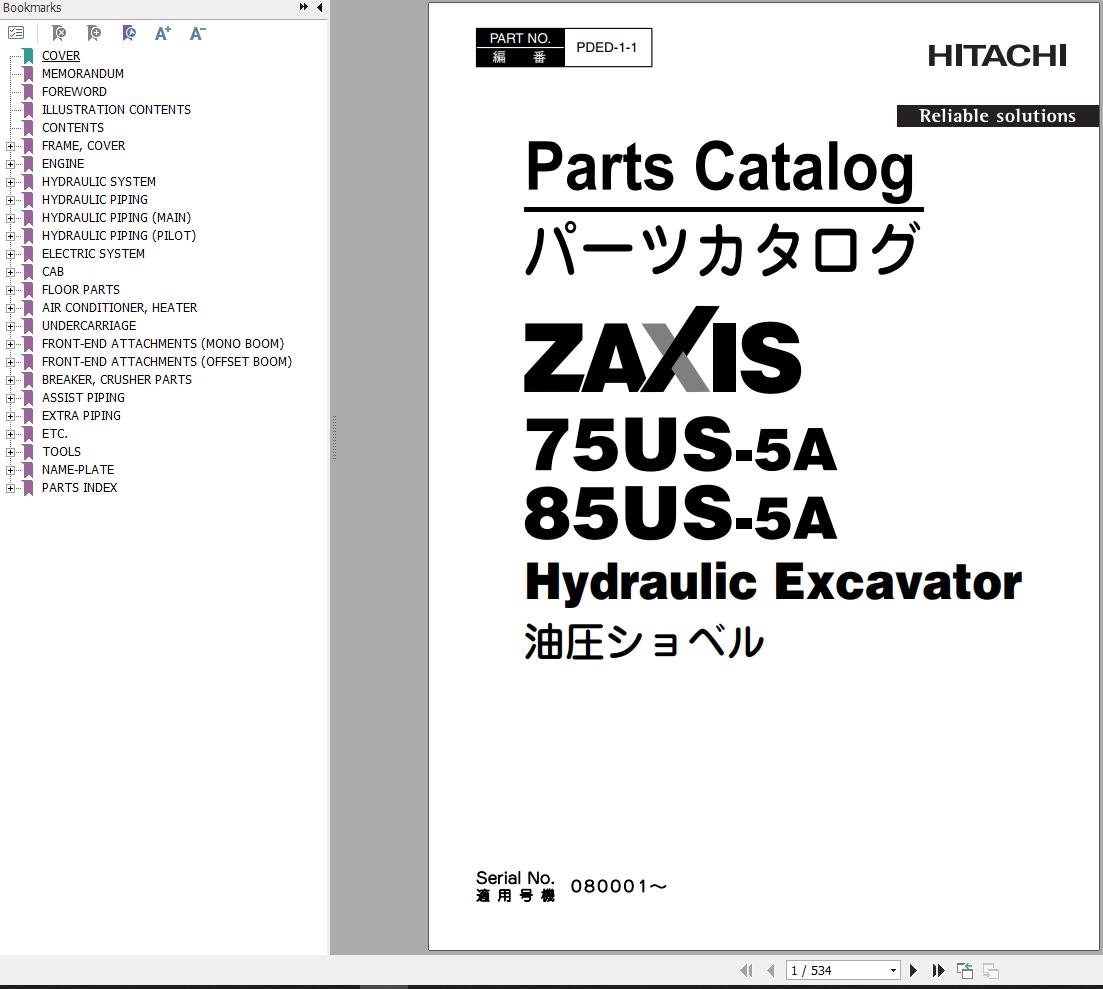 Hitachi Hydraulic Excavator ZX75US 5A Parts Catalog EN JP