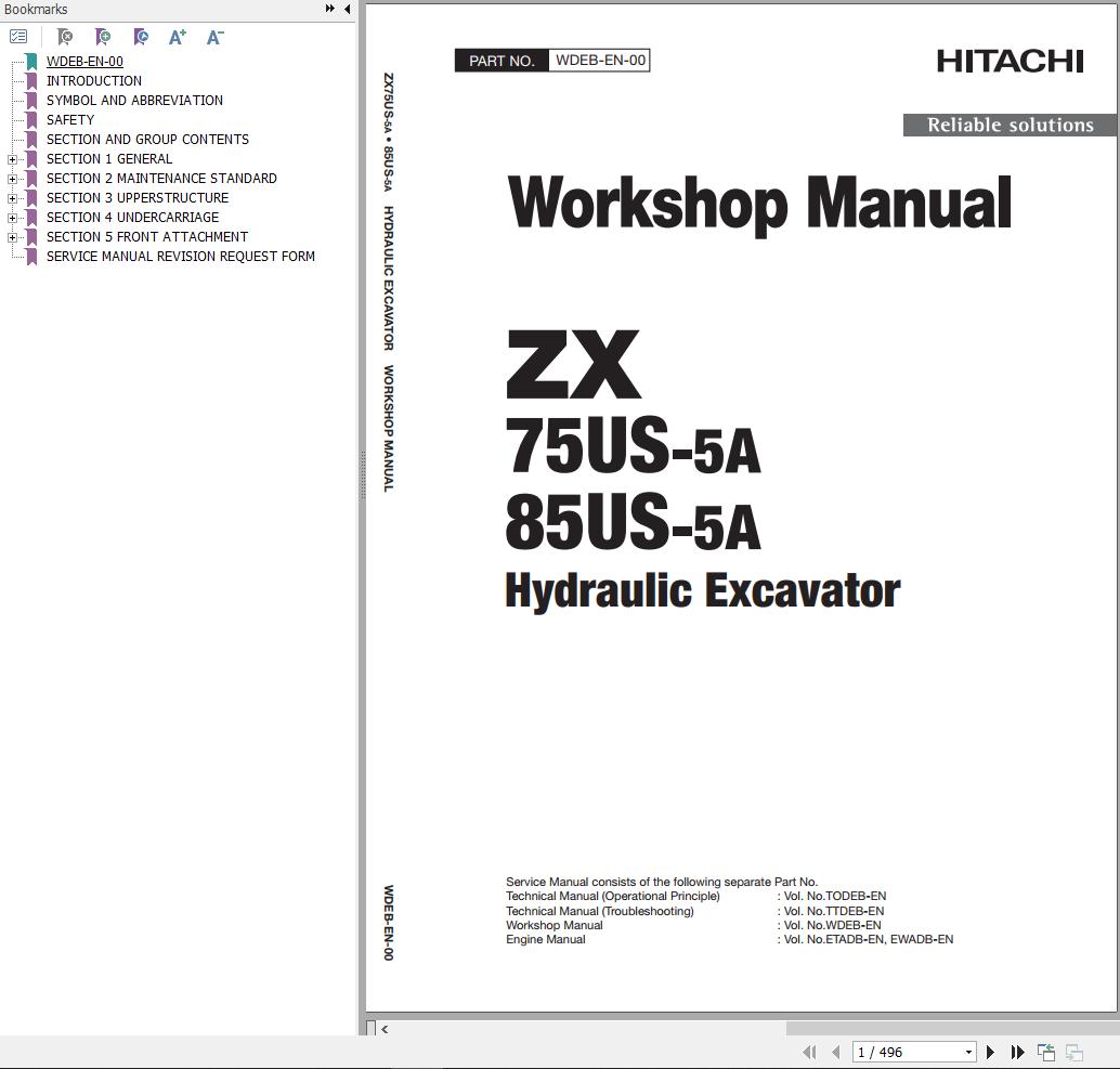 Hitachi Hydraulic Excavator ZX75US 5A Workshop Manual