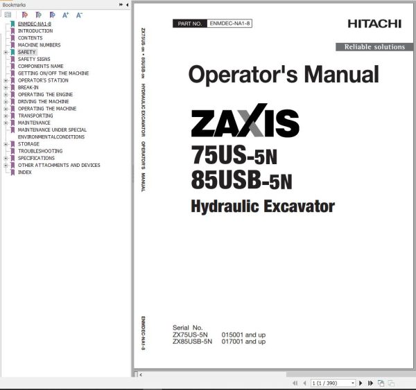 Hitachi Hydraulic Excavator ZX75US 5N ZX85USB 5N Operators Manual
