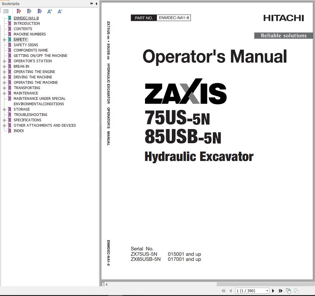 Hitachi Hydraulic Excavator ZX75US 5N ZX85USB 5N Operators Manual