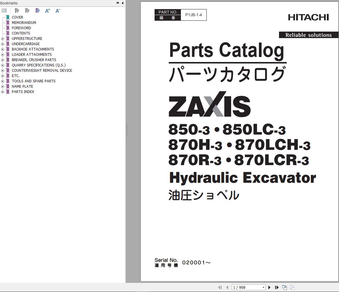 Hitachi Hydraulic Excavator ZX850 3 ZX870H 3 Parts Catalog EN JP