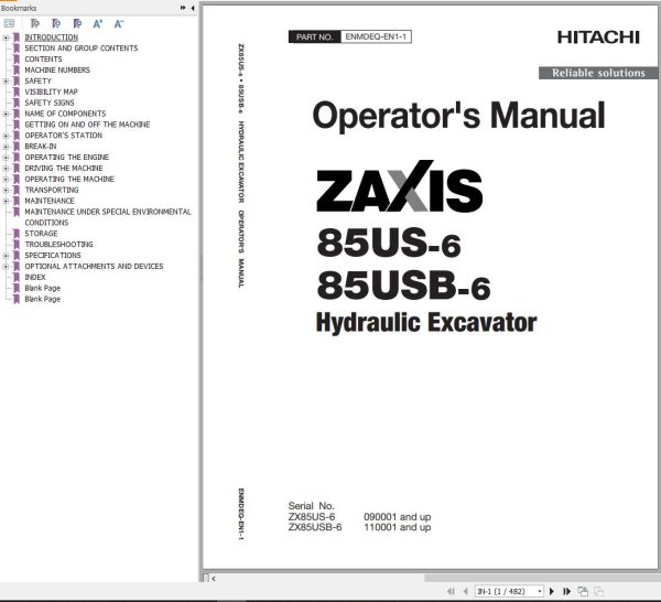 Hitachi Hydraulic Excavator ZX85US 6 ZX85USB 6 Operators Manual ENMDEQ EN1 1