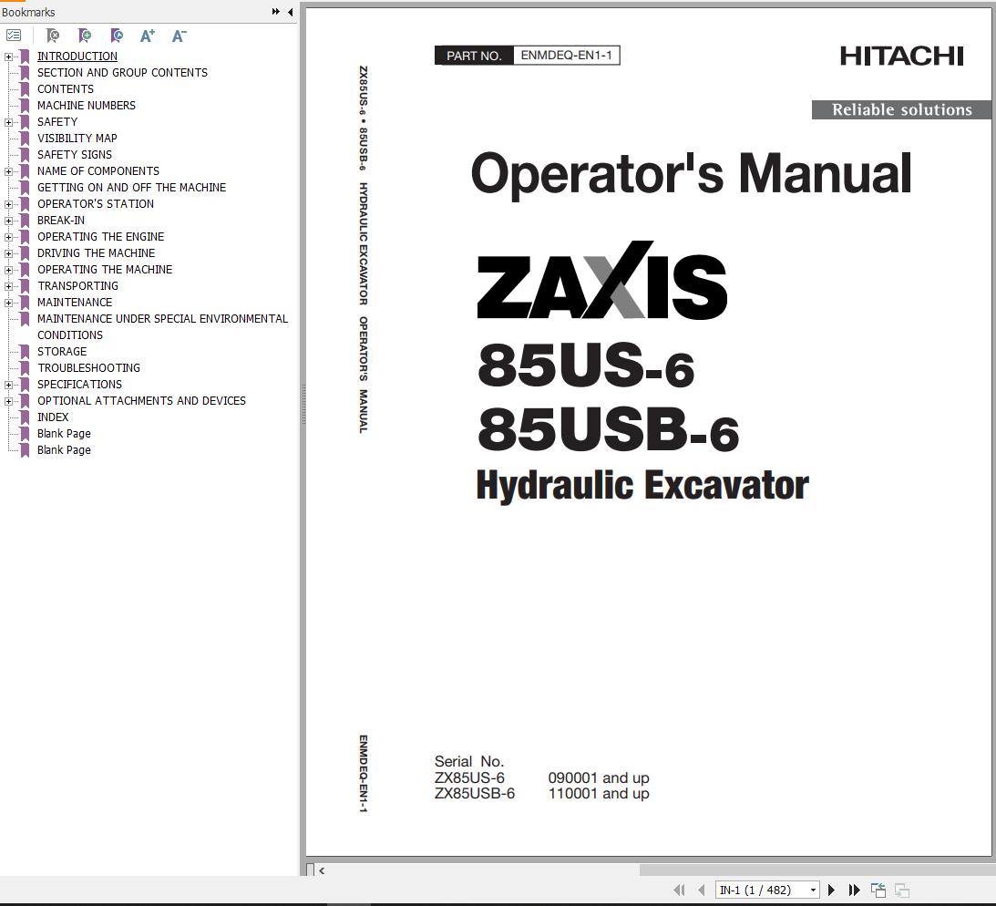 Hitachi Hydraulic Excavator ZX85US 6 ZX85USB 6 Operators Manual ENMDEQ EN1 1