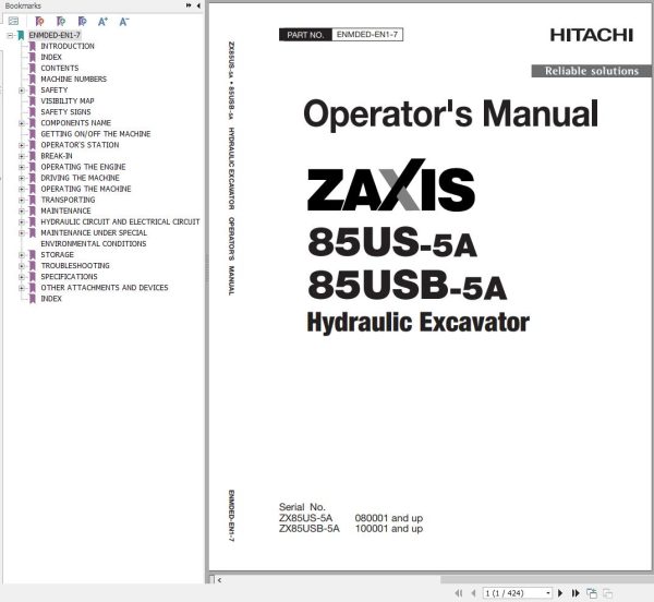 Hitachi Hydraulic Excavator ZX85USB 5A Operators Manual ENMDED EN1 7