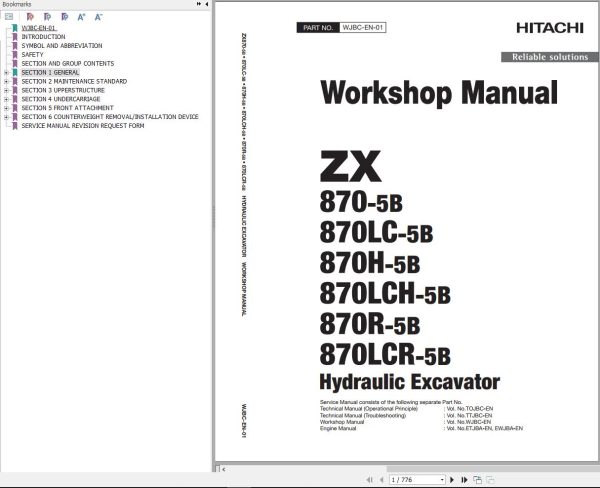 Hitachi Hydraulic Excavator ZX870 5B Workshop Manual