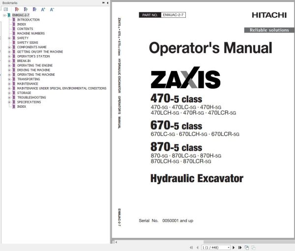 Hitachi Hydraulic Excavator ZX870 5G Operators Manual ENMJAC 2 7