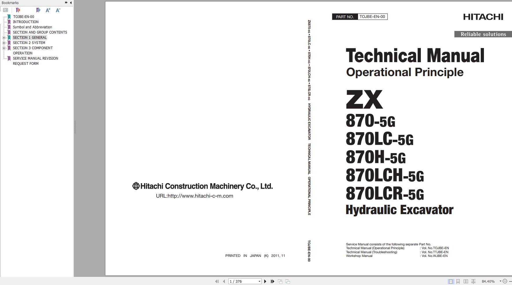 Hitachi Hydraulic Excavator ZX870 5G Technical Manual