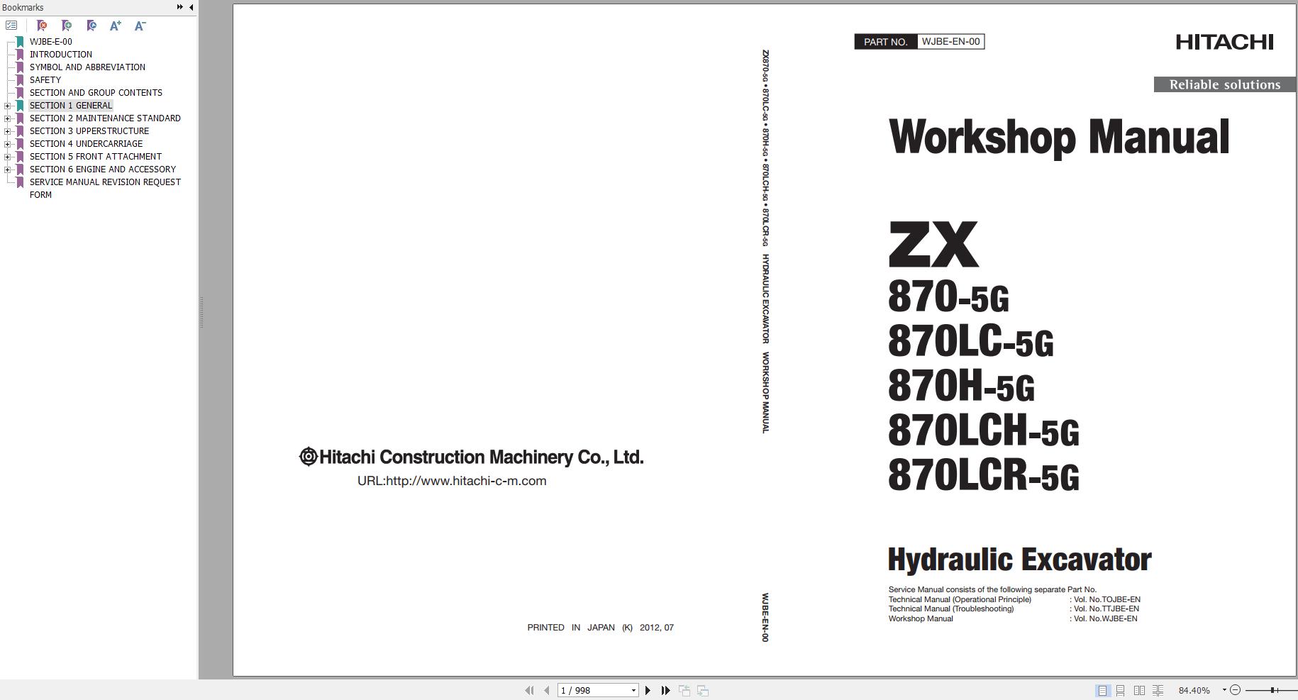 Hitachi Hydraulic Excavator ZX870 5G Workshop Manual