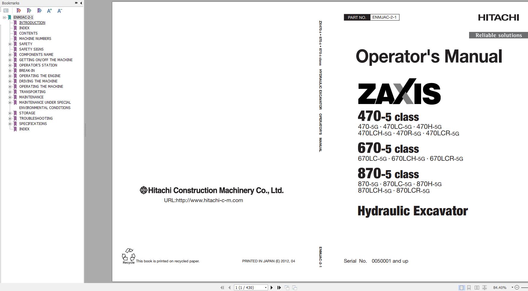 Hitachi Hydraulic Excavator ZX870H 5G Operators Manual ENMJAC 2 1