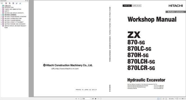 Hitachi Hydraulic Excavator ZX870H 5G Workshop Manual