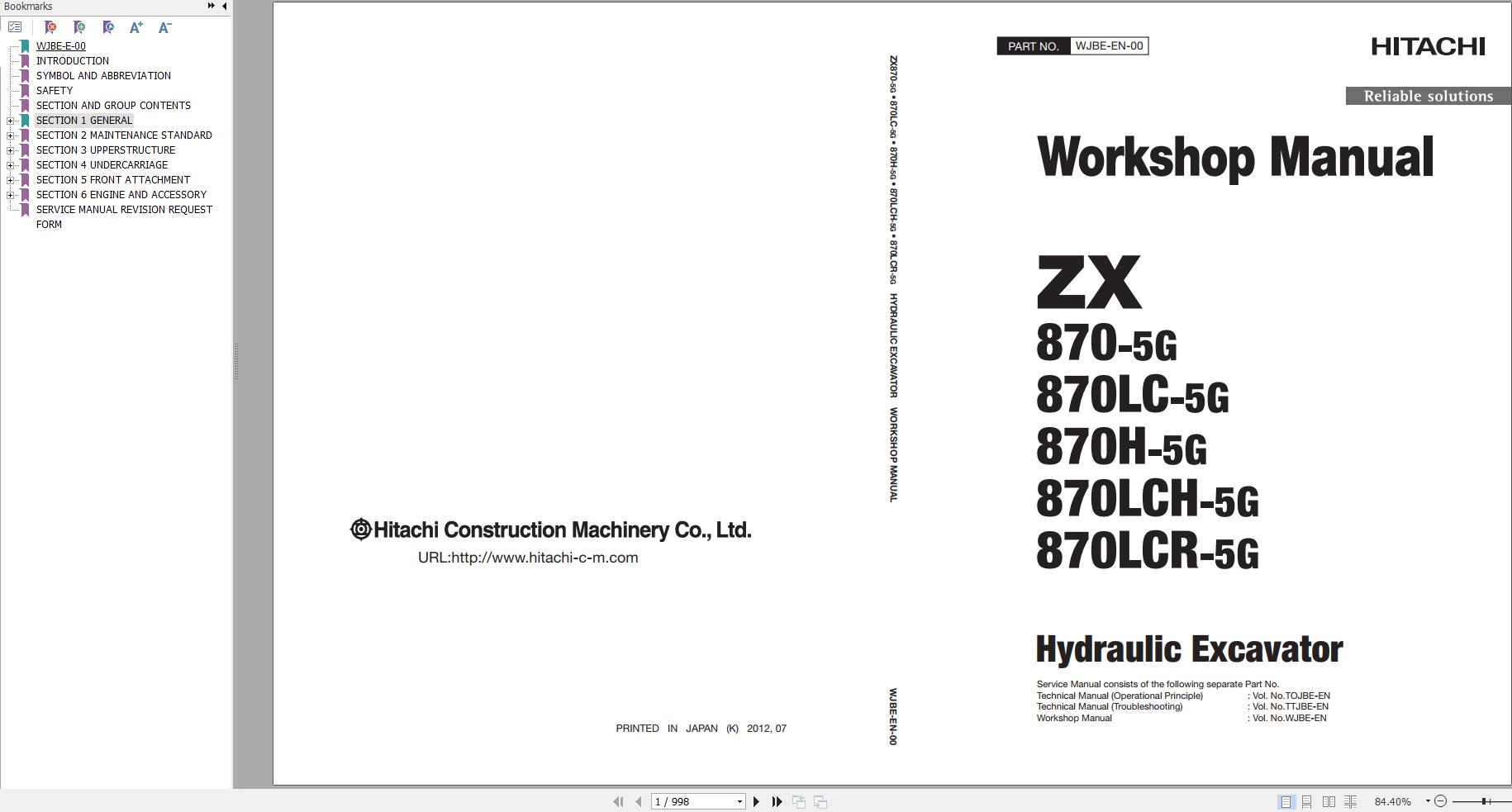 Hitachi Hydraulic Excavator ZX870H 5G Workshop Manual