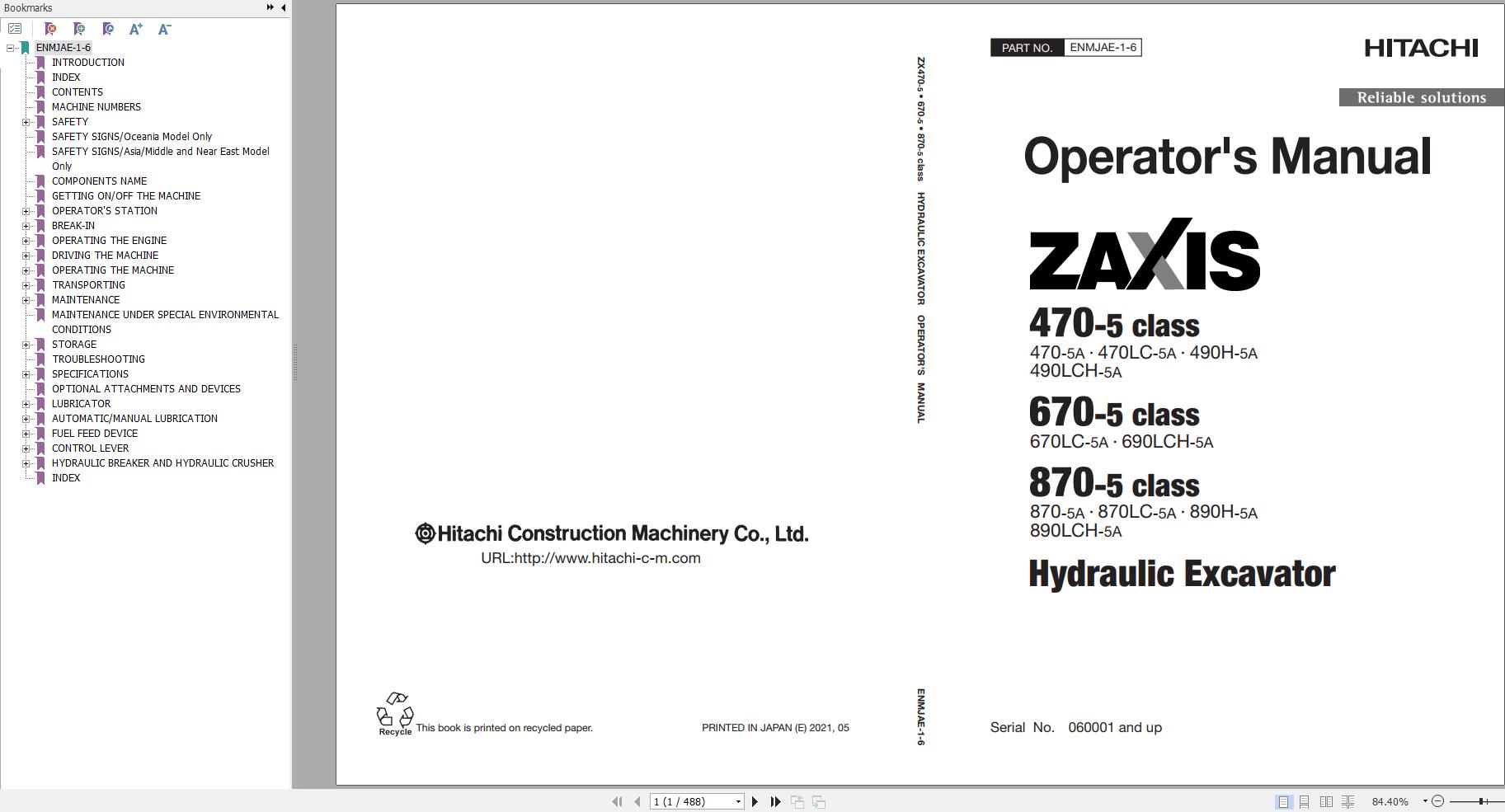 Hitachi Hydraulic Excavator ZX890LCH 5A Operators Manual ENMJAE 1 6
