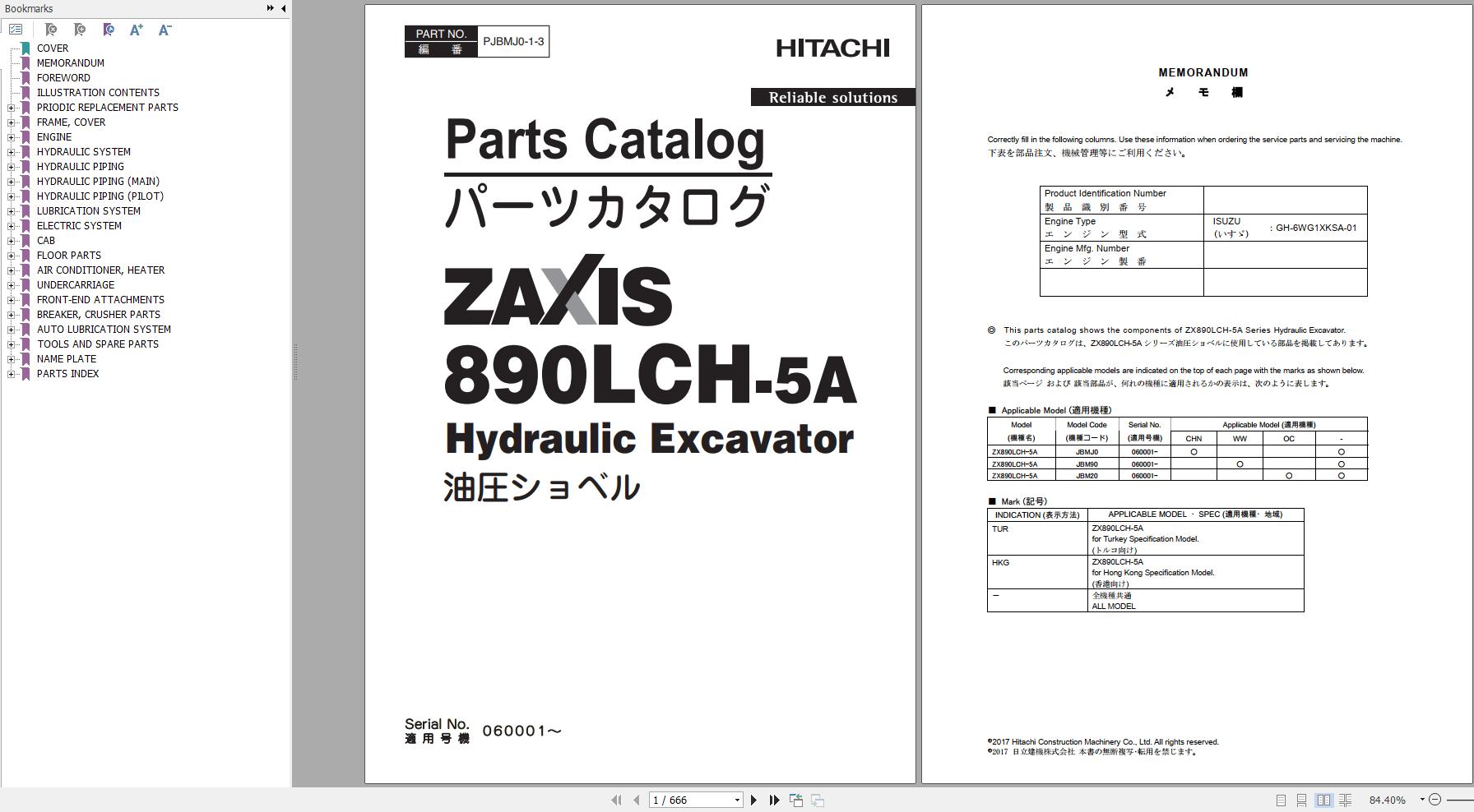Hitachi Hydraulic Excavator ZX890LCH 5A Parts Catalog EN JP