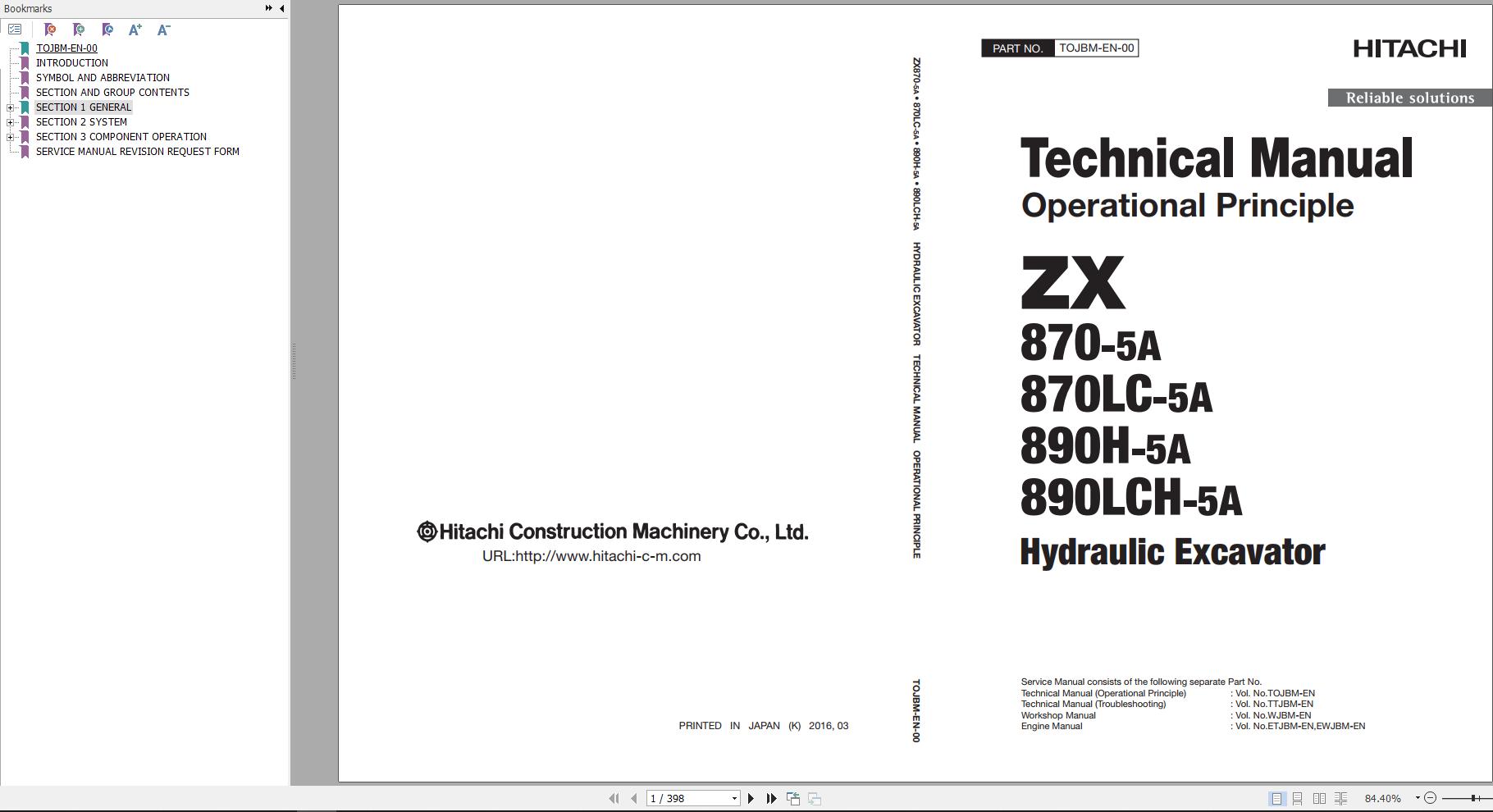 Hitachi Hydraulic Excavator ZX890LCH 5A Technical Manual