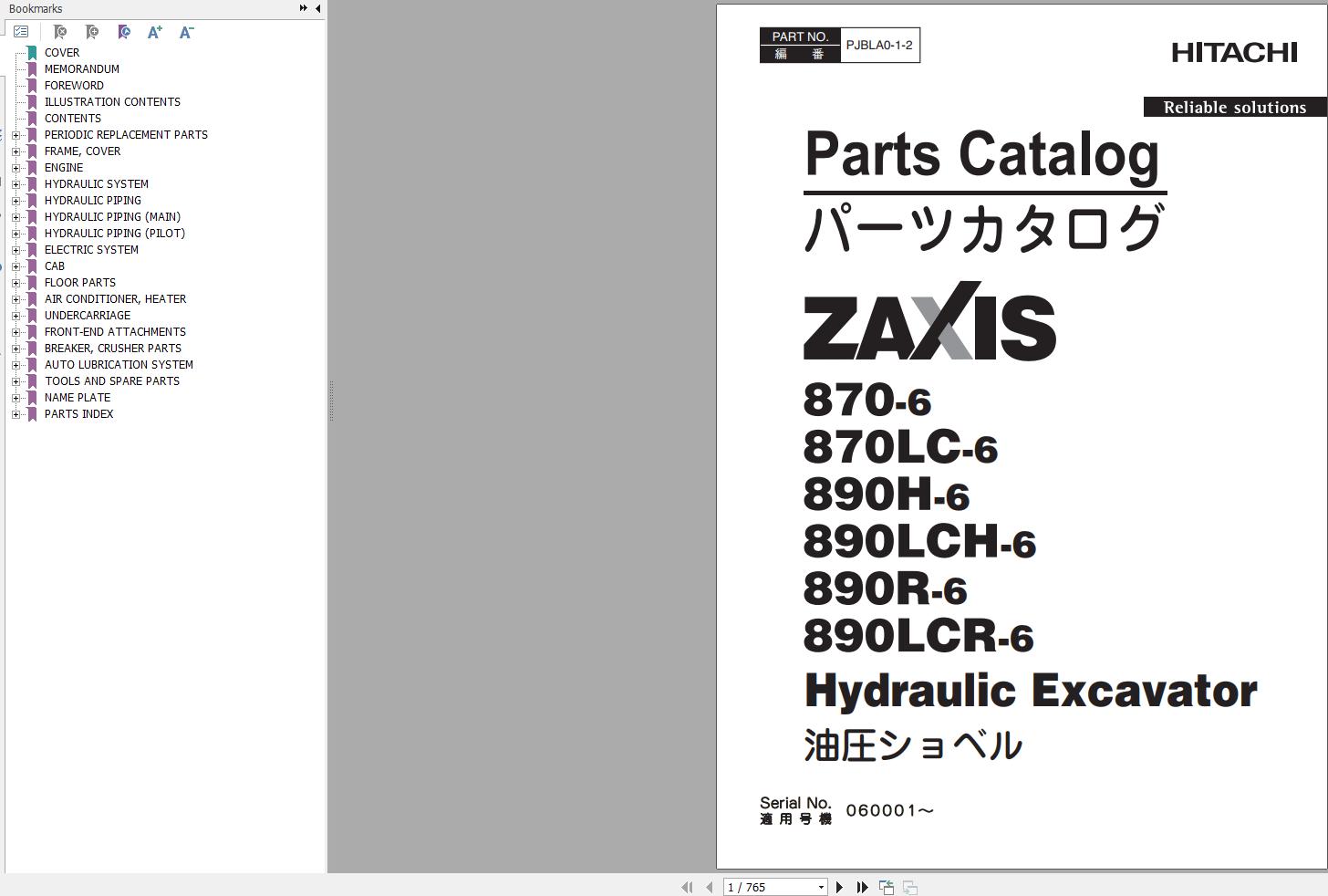 Hitachi Hydraulic Excavator ZX890LCH 6 ZX890LCR 6 Parts Catalog EN JP