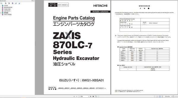 Hitachi Hydraulic Excavator ZX890LCH 7 ZX890LCR 7 Parts Catalog EN JP