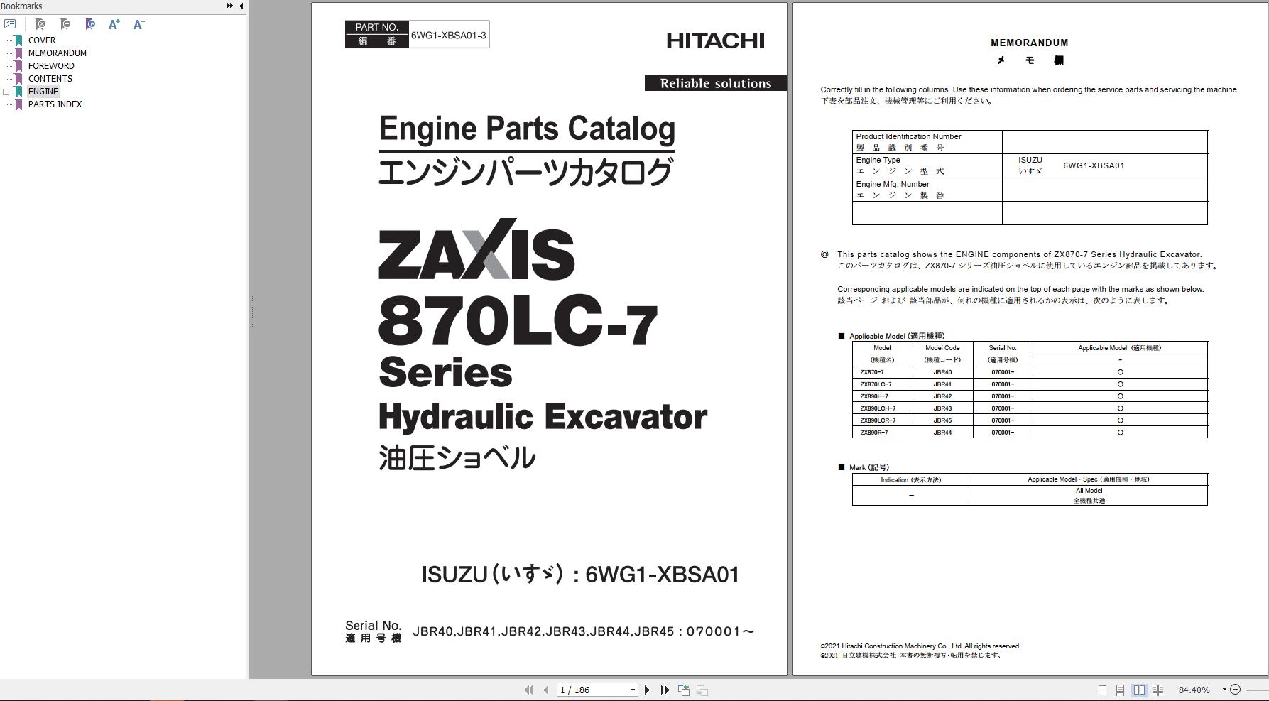 Hitachi Hydraulic Excavator ZX890LCH 7 ZX890LCR 7 Parts Catalog EN JP
