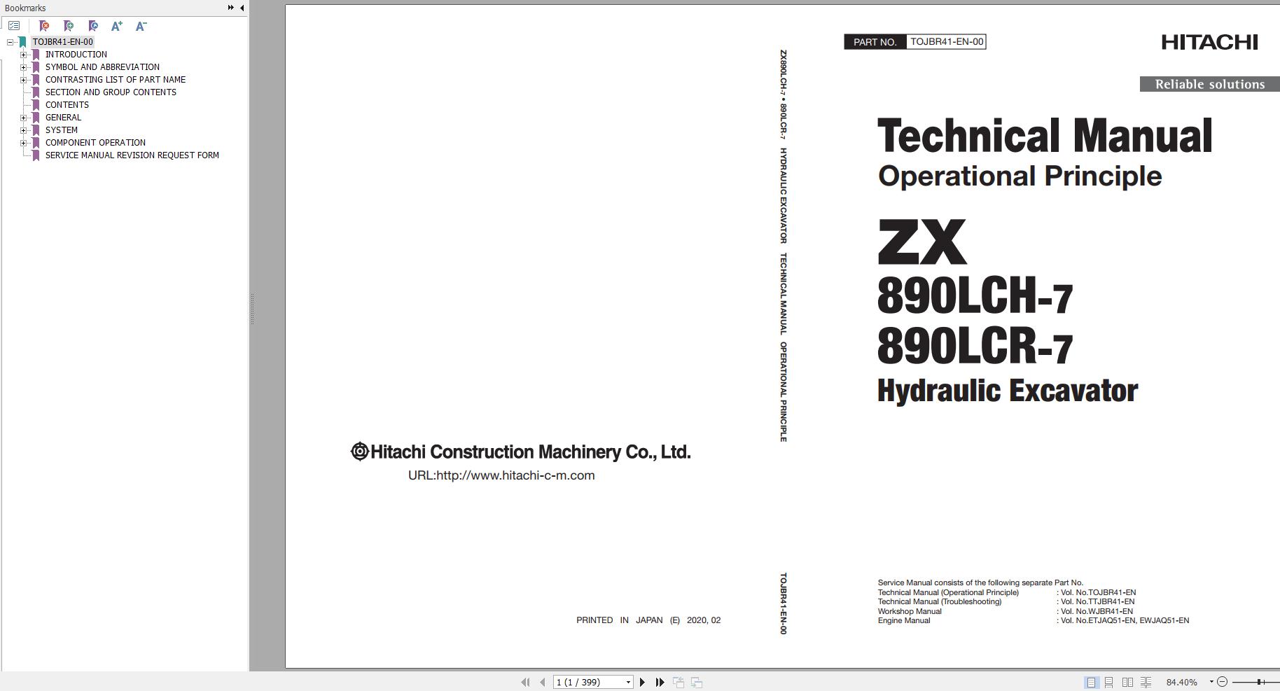 Hitachi Hydraulic Excavator ZX890LCH 7 ZX890LCR 7 Technical Manual