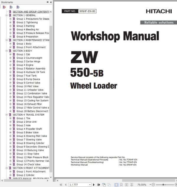 Hitachi Wheel Loader ZW550 5B Workshop Manual WNHF EN 00