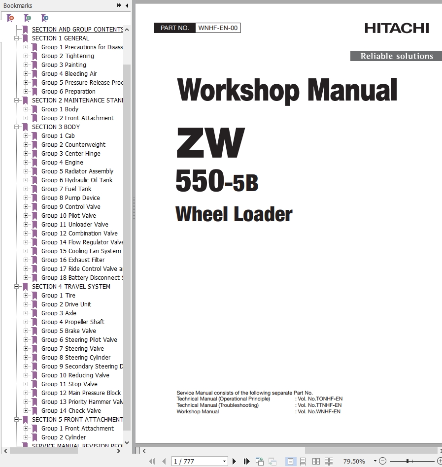 Hitachi Wheel Loader ZW550 5B Workshop Manual WNHF EN 00