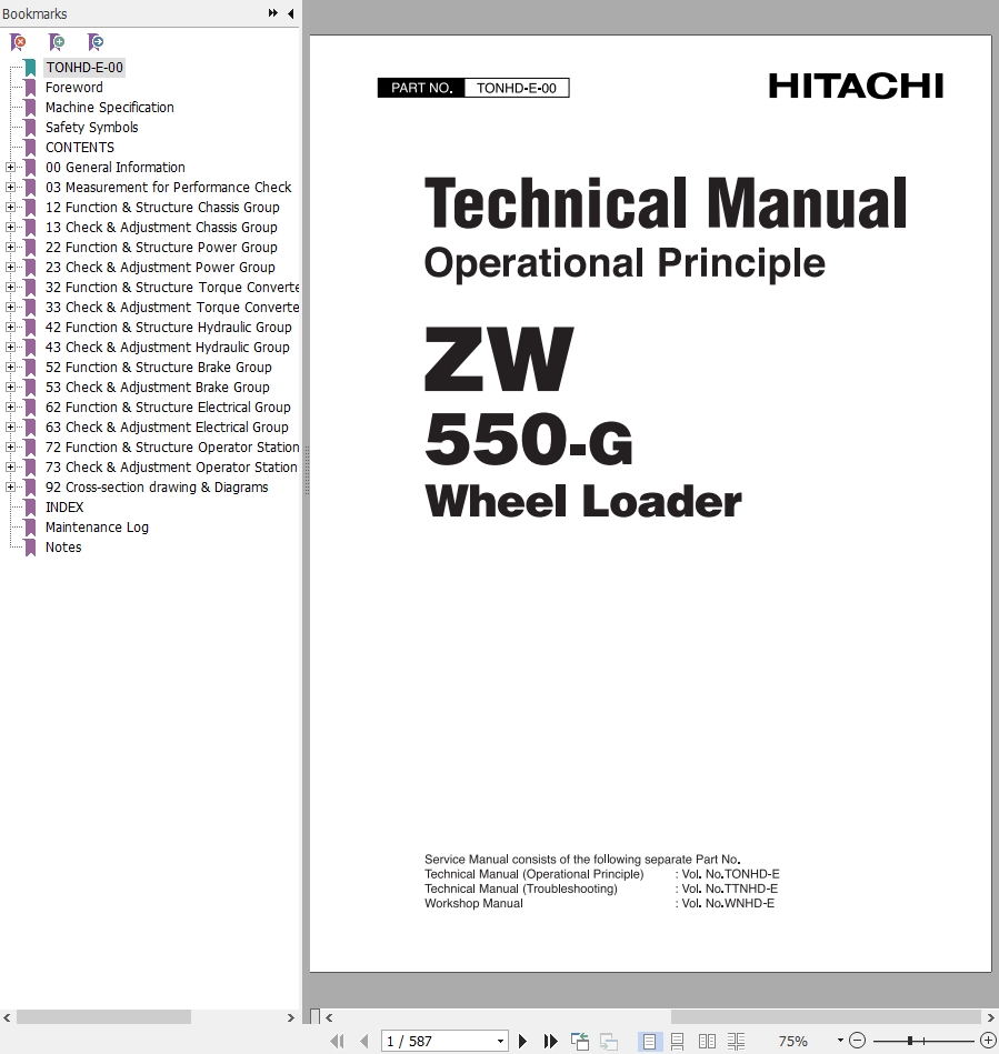 Hitachi Wheel Loader ZW550 G Technical Manual
