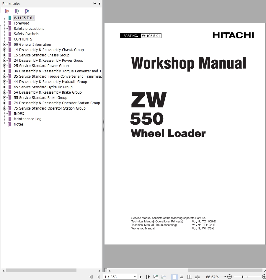 Hitachi Wheel Loader ZW550 Workshop Manual W11C5 E 01
