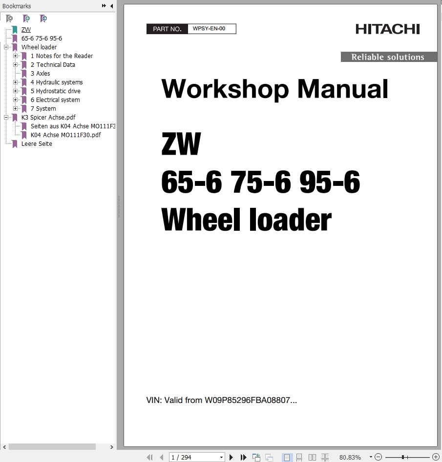 Hitachi Wheel Loader ZW65 6 Workshop Manual WPSY EN 00