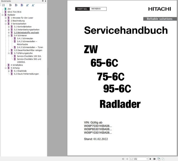 Hitachi Wheel Loader ZW65 6C Service Manual EN DE