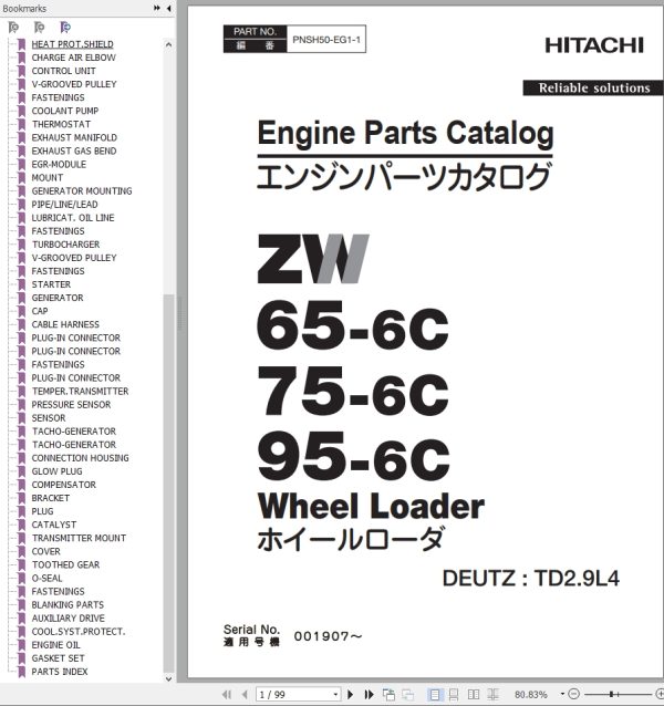 Hitachi Wheel Loader ZW75 6C Engine Parts Catalog PNSH50 EG1 1 EN JP