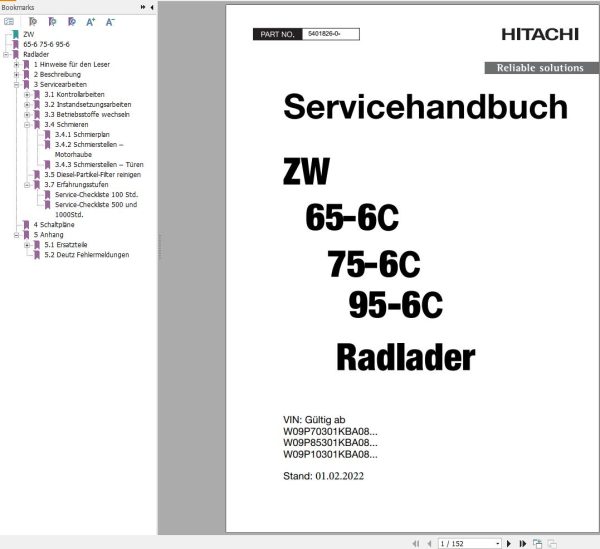 Hitachi Wheel Loader ZW75 6C Service Manual EN DE