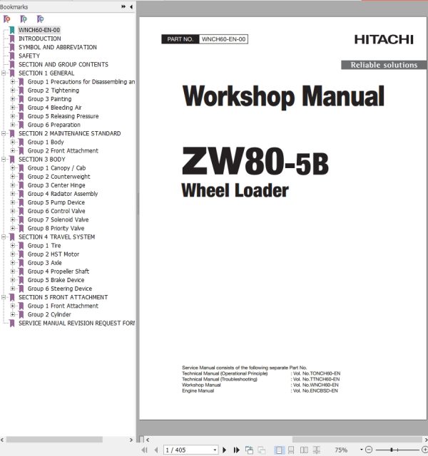 Hitachi Wheel Loader ZW80 5B Workshop Manual WNCH60 EN 00