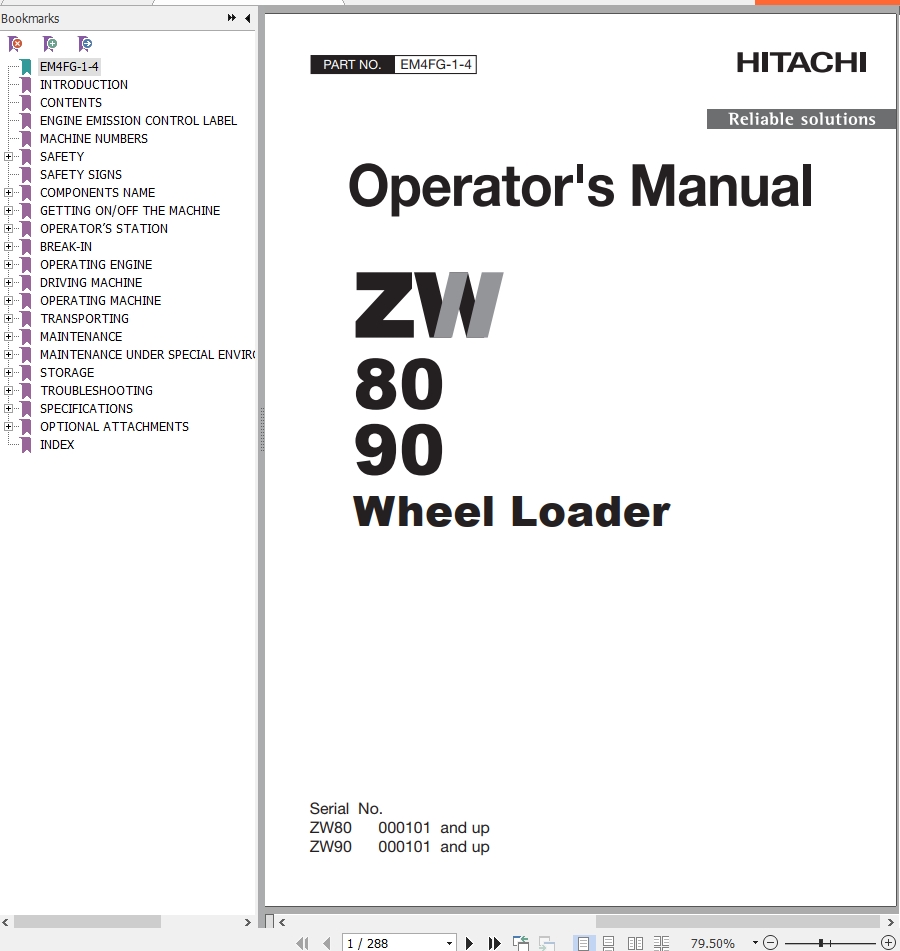 Hitachi Wheel Loader ZW90 Operators Mannual EM4FG 1 4