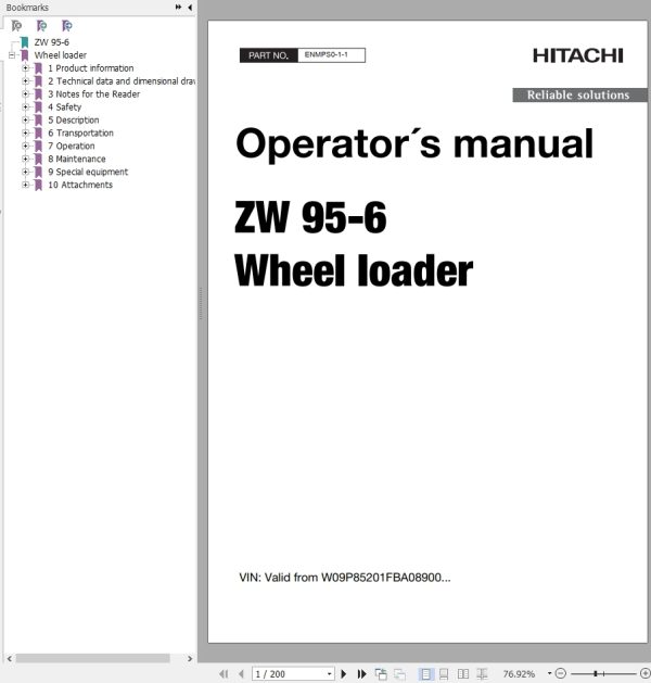 Hitachi Wheel Loader ZW95 6 Operators Manual ENMPS0 1 1