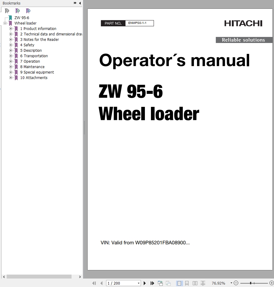 Hitachi Wheel Loader ZW95 6 Operators Manual ENMPS0 1 1