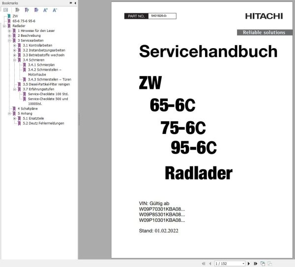 Hitachi Wheel Loader ZW95 6 Service Manual EN DE