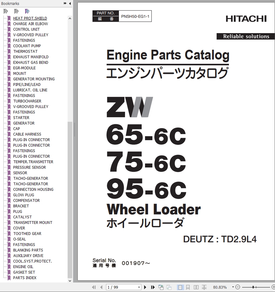 Hitachi Wheel Loader ZW95 6C Engine Parts Catalog PNSH50 EG1 1 EN JP