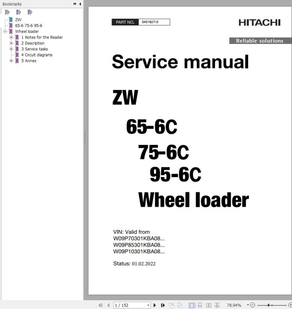 Hitachi Wheel Loader ZW95 6C Service Manual EN DE