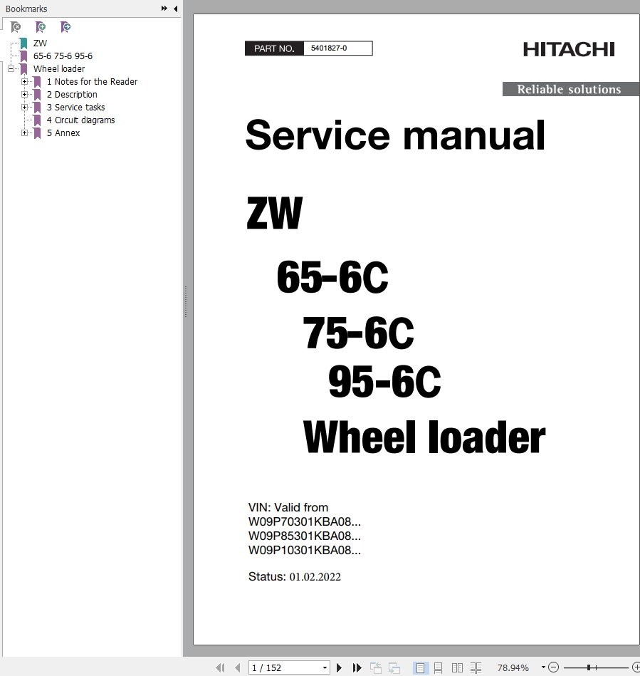 Hitachi Wheel Loader ZW95 6C Service Manual EN DE