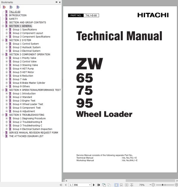 Hitachi Wheel Loader ZW95 Technical Manual T4L1 E 00