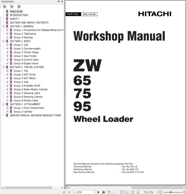 Hitachi Wheel Loader ZW95 Workshop Manual W4L1 E 00