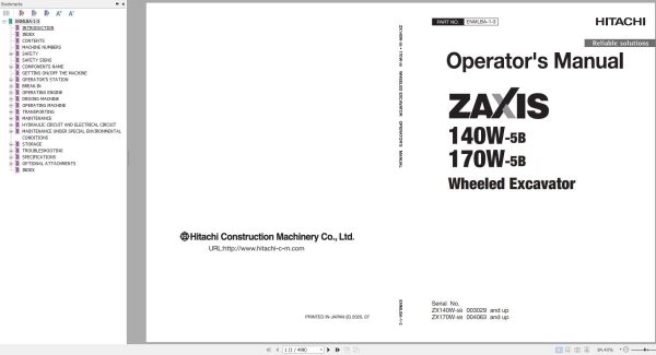 Hitachi Wheeled Excavator ZX170W 5B Operators Manual ENMLBA 1 3