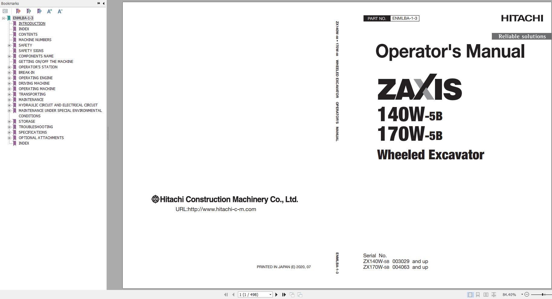 Hitachi Wheeled Excavator ZX170W 5B Operators Manual ENMLBA 1 3