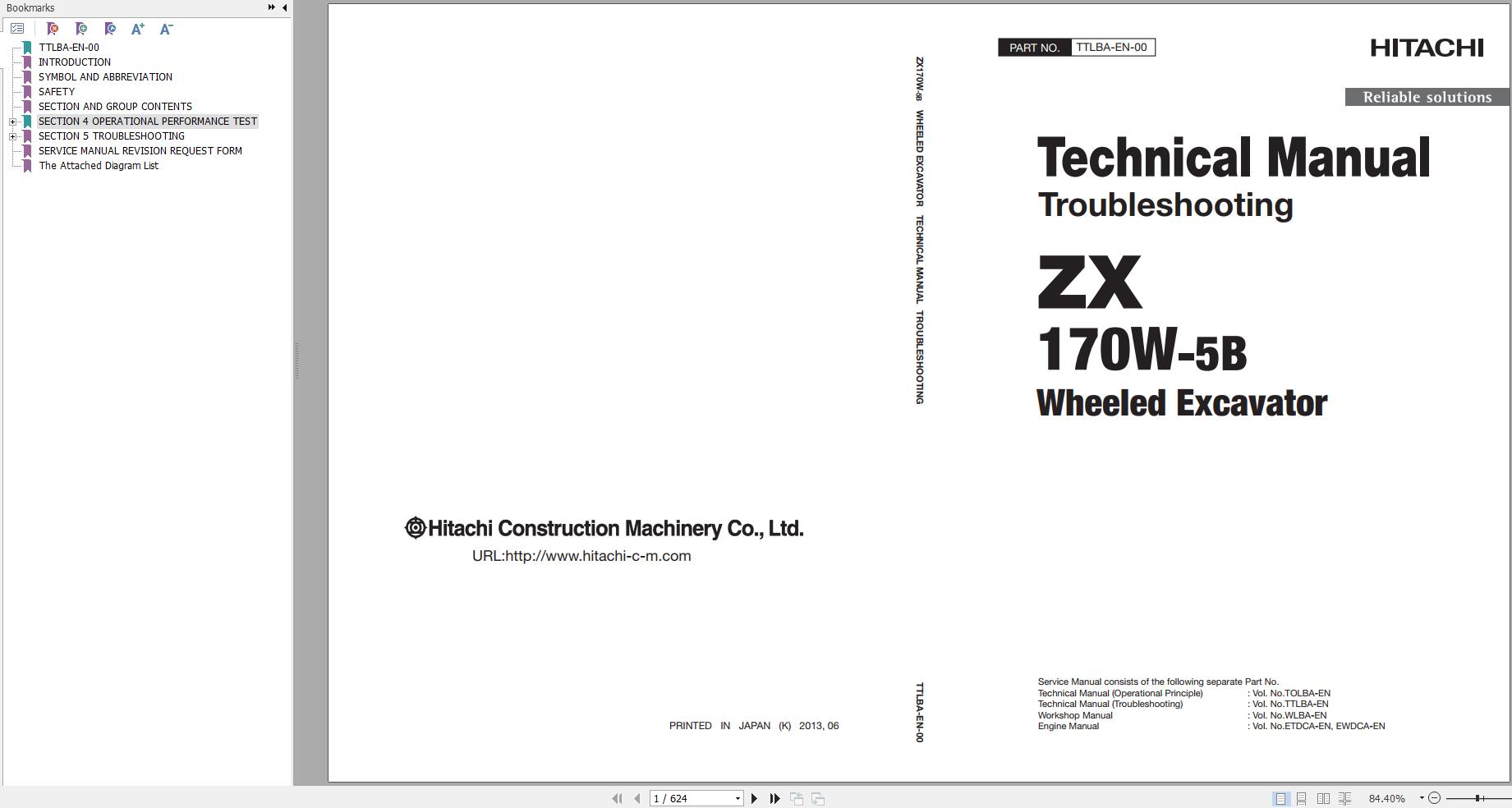 Hitachi Wheeled Excavator ZX170W 5B Technical Manual